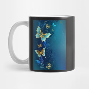 Golden Butterflies on Blue Background Mug